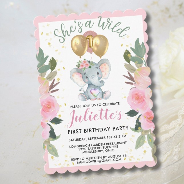 Tarjeta Festiva Salvaje Un Chica Rosa Elefante Primer Cumpleaños (Subido por el creador)