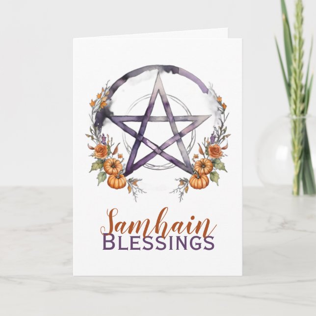 Tarjeta Festiva Samhain Blessing Pumpkins & Pentacle Halloween (Anverso)