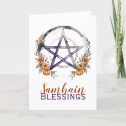 Tarjeta Festiva Samhain Blessing Pumpkins & Pentacle Halloween