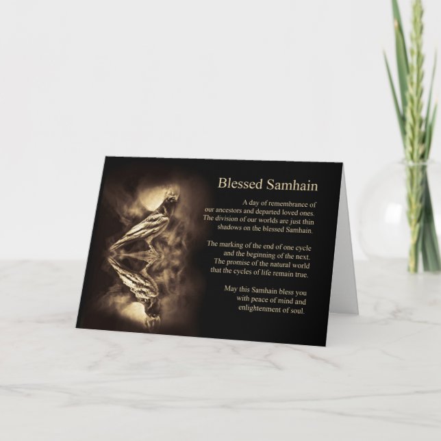 Tarjeta Festiva Samhain con Raven Crow y Moon Mystical (Anverso)