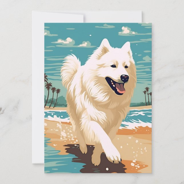 Tarjeta Festiva Samoyed en la playa (Anverso)