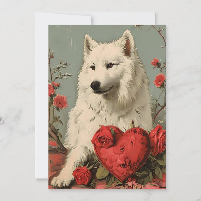 Tarjeta Festiva Samoyed Vintage Día de San Valentín  (Anverso)