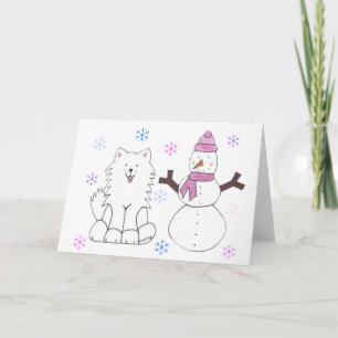 Tarjeta Festiva Samoyed y Snowman