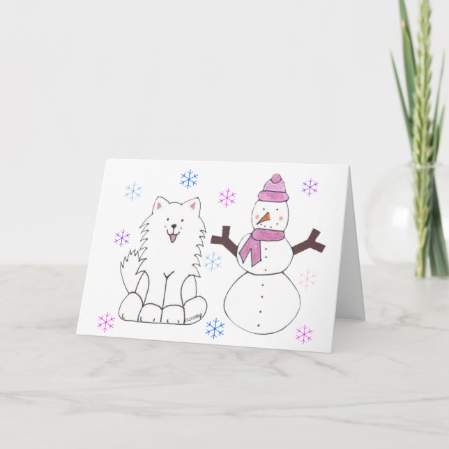 Tarjeta Festiva Samoyed y Snowman (Anverso)