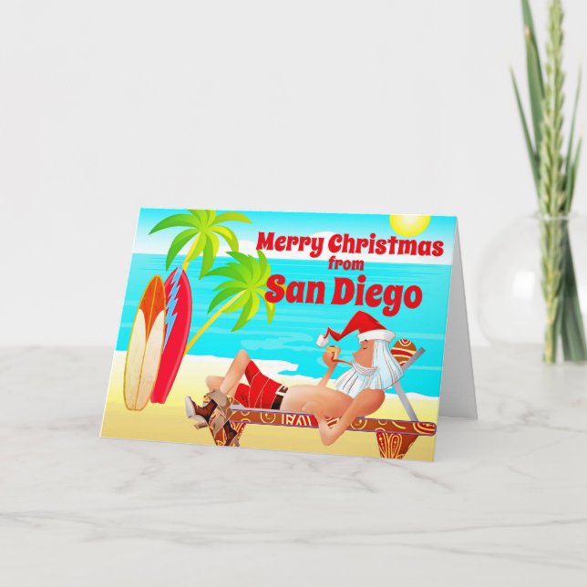Tarjeta Festiva San Diego Navidades Santa y la playa de Surfboards (Anverso)