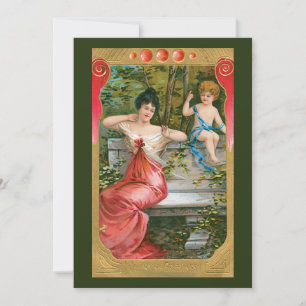 Tarjeta Festiva San Valentín antiguo, dama victoriana con querubín