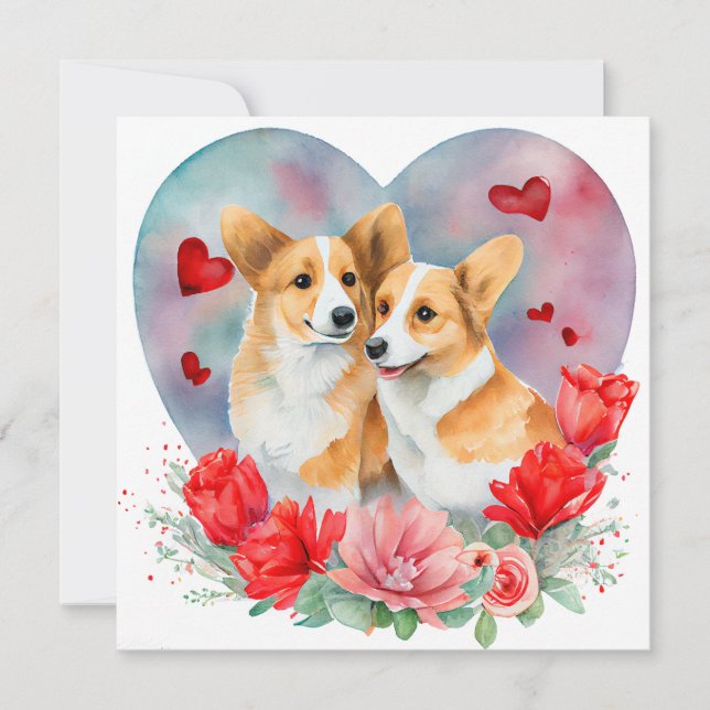 Tarjeta Festiva San Valentín Corgi Pair, Corazón, Flores, Acuarela (Anverso)