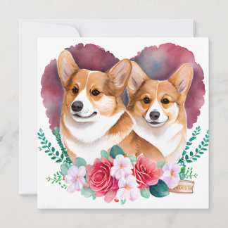 Tarjeta Festiva San Valentín Corgi Pair, Corazón, Flores, Acuarela