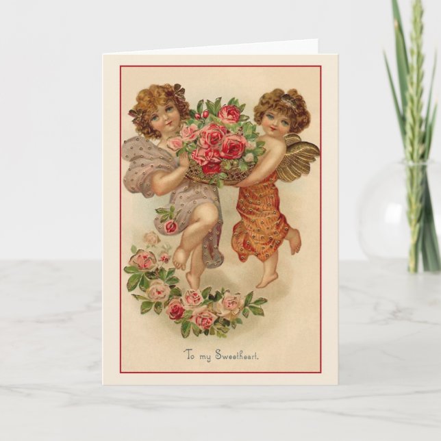 Tarjeta Festiva San Valentín de Cherubs y Rosas victorianos (Anverso)