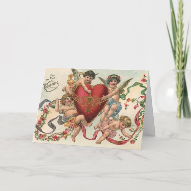 Tarjeta Festiva San Valentín de época, ángeles victorianos Corazón (Anverso)