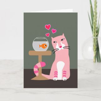 Tarjeta Festiva San Valentín de gato y pez dorado