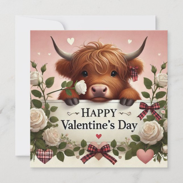 Tarjeta Festiva San Valentín de vaca de montaña con rosas blancas (Anverso)