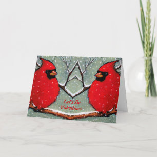 Tarjeta Festiva San Valentín: Dos Cardenales Rojos En Rama De Niev