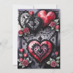Tarjeta Festiva San Valentín Gótico Corazones Rojos Encaje Negro y
