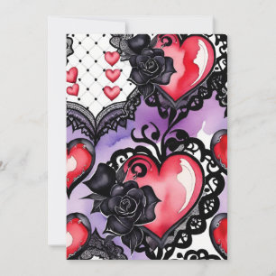 Tarjeta Festiva San Valentín Gótico Corazones Rojos Encaje Negro y