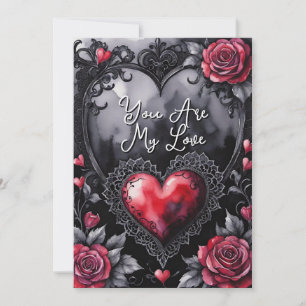 Tarjeta Festiva San Valentín Gótico Corazones Rojos Encaje Negro y