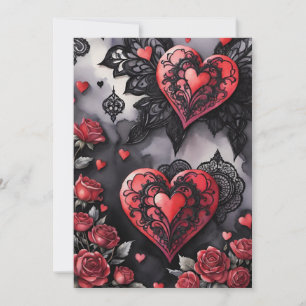 Tarjeta Festiva San Valentín Gótico Corazones Rojos Encaje Negro y