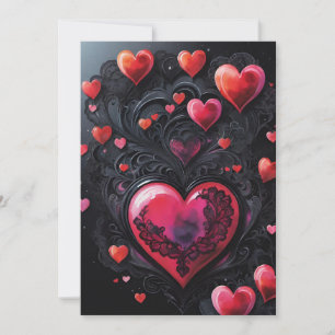 Tarjeta Festiva San Valentín Gótico Corazones Rojos y Negros