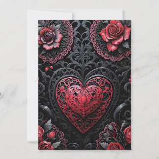Tarjeta Festiva San Valentín Gótico Corazones y Rosas Rojos y Negr