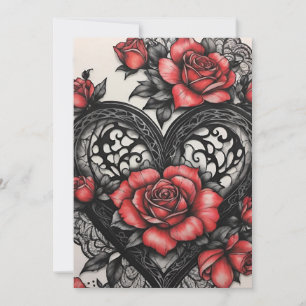 Tarjeta Festiva San Valentín Gótico Corazones y Rosas Rojos y Negr