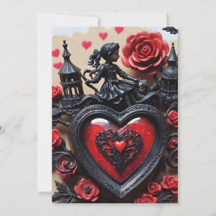 Tarjeta Festiva San Valentín Gótico Corazones y Rosas Rojos y Negr