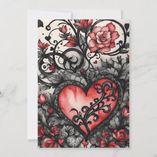 Tarjeta Festiva San Valentín Gótico Corazones y Rosas Rojos y Negr