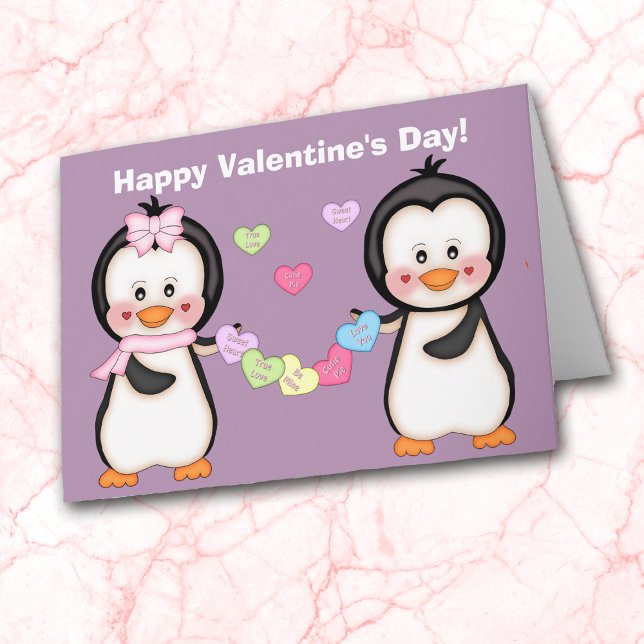Tarjeta Festiva San Valentín Pingüino y Corazones (Subido por el creador)