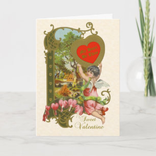 Tarjeta Festiva San Valentín victoriano con corazón tibio, sangran