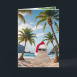 Tarjeta Festiva Sandman, Navidades tropicales<br><div class="desc">Un hombre de arena suave en una playa tropical con palmeras</div>