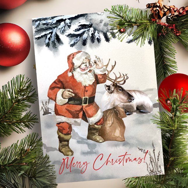 Tarjeta Festiva Santa acuarela con Navidades de Personalizados de  (Watercolor Santa With Reindeer Custom Christmas Holiday Card)