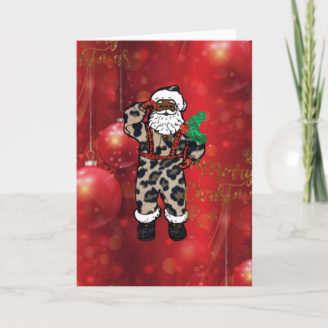 Tarjeta Festiva santa african leopard claus red (Anverso)