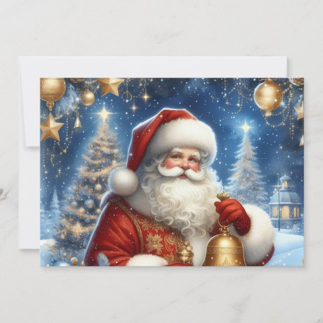 Tarjeta Festiva Santa and Christmas tree, blue & gold (Anverso)