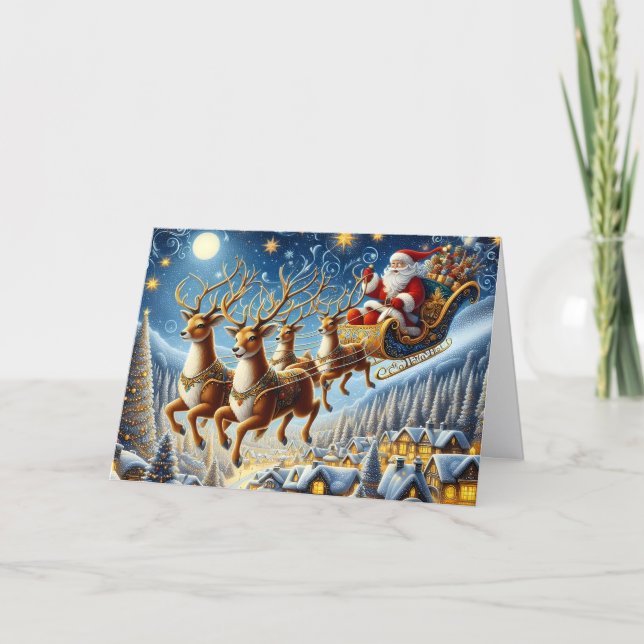 Tarjeta Festiva Santa and Golden Reindeer Holiday Card (Anverso)