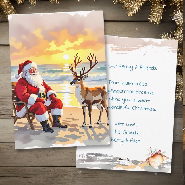 Tarjeta Festiva Santa and Reindeer at Beach Personalized Christmas (Subido por el creador)