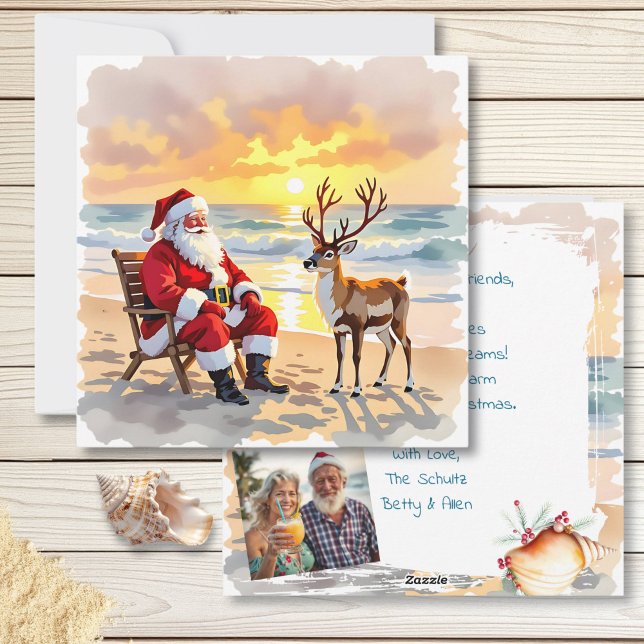 Tarjeta Festiva Santa and Reindeer at Beach Personalized Christmas (Subido por el creador)