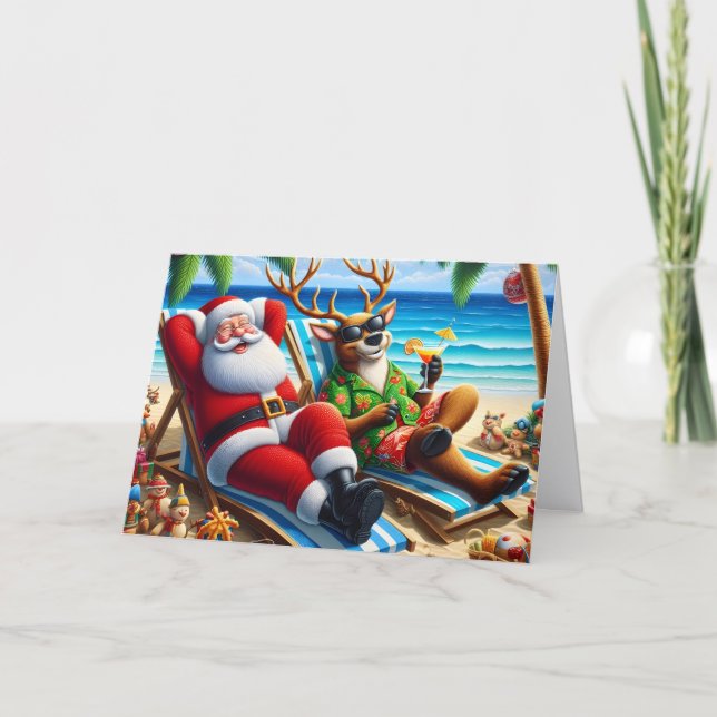 Tarjeta Festiva Santa and Reindeer on Beach Warm Climate (Anverso)