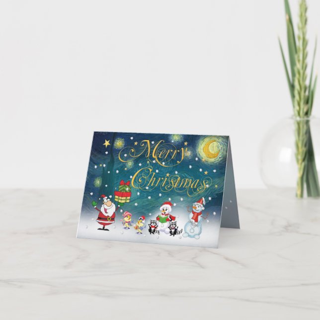 Tarjeta Festiva Santa bajo noche estrellada de Van Gogh (Anverso)