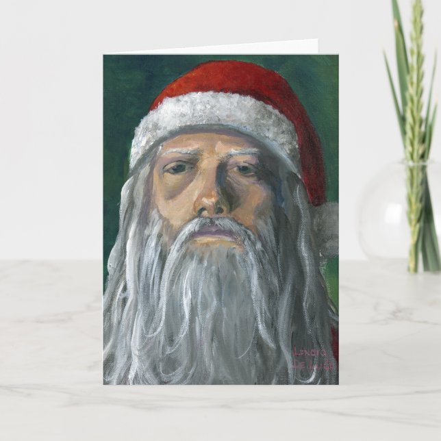 Tarjeta Festiva Santa, cara pintada a mano, severa (Anverso)