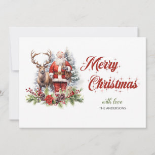 Tarjeta Festiva Santa clásica de moda con reno y holly