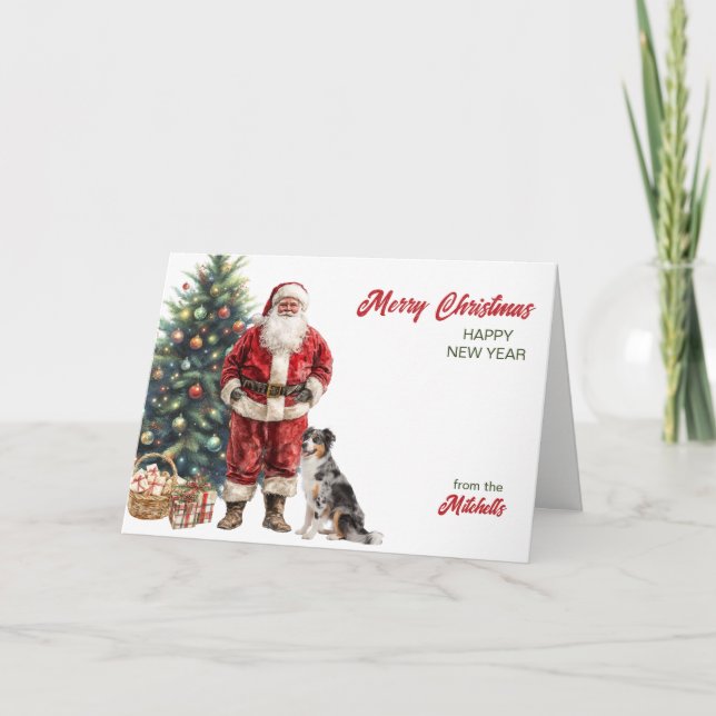 Tarjeta Festiva Santa Claus and Australian Shepherd Dog Christmas (Anverso)