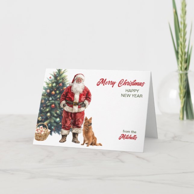 Tarjeta Festiva Santa Claus and Finnish Spitz Dog Christmas (Anverso)