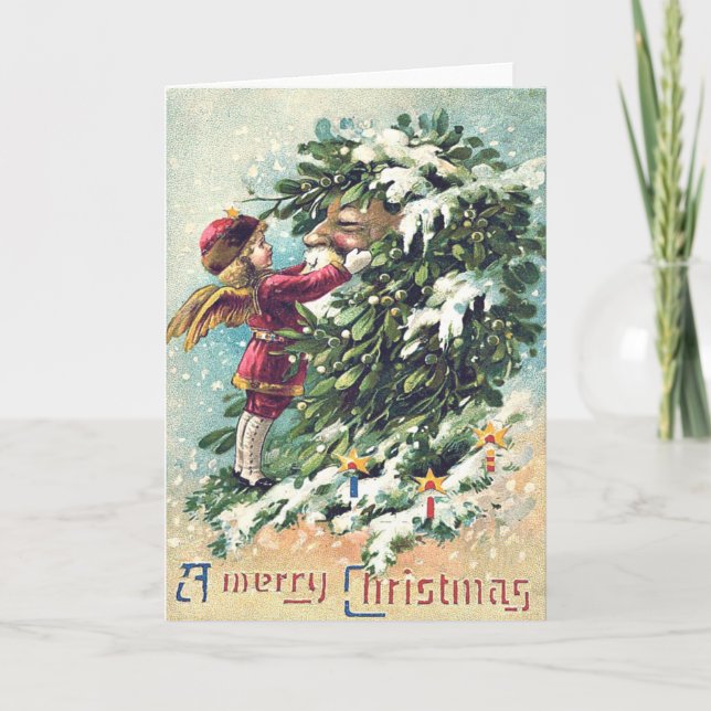 Tarjeta Festiva Santa Claus Angel Cherub Mistletoe (Anverso)