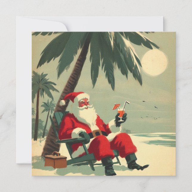 Tarjeta Festiva Santa Claus antiguo de vacaciones en una playa tro (Anverso)