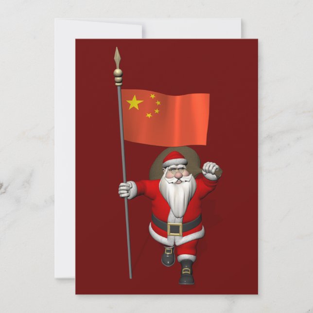 Tarjeta Festiva Santa Claus Con Bandera De China (Anverso)