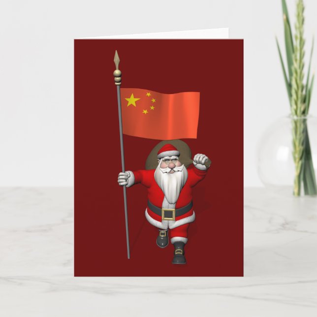 Tarjeta Festiva Santa Claus Con Bandera De China (Anverso)