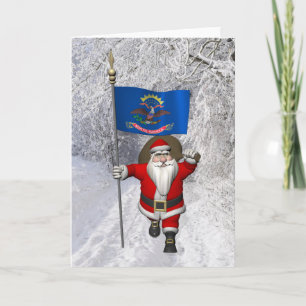 Tarjeta Festiva Santa Claus Con Bandera De Dakota Del Norte