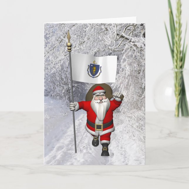 Tarjeta Festiva Santa Claus Con El Diseño De Massachusetts (Anverso)