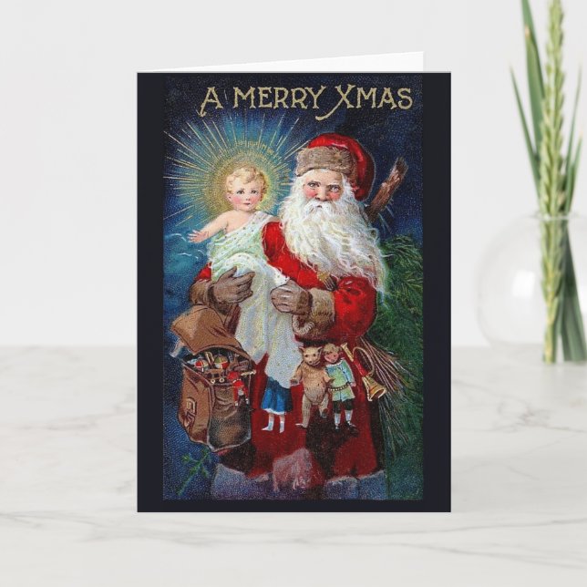 Tarjeta Festiva Santa Claus con el niño de Cristo (Anverso)