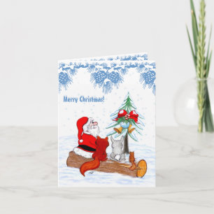 Tarjeta Festiva Santa Claus con Fox de Conejo y Squirrel
