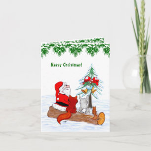 Tarjeta Festiva Santa Claus con Fox de Conejo y Squirrel